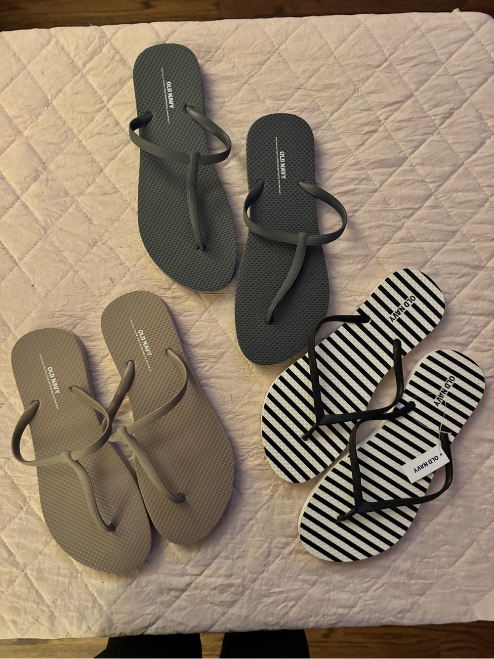 3 pair-Old Navy Women's Gray, Taupe & Black/White Striped Flip Flop Sandal Set